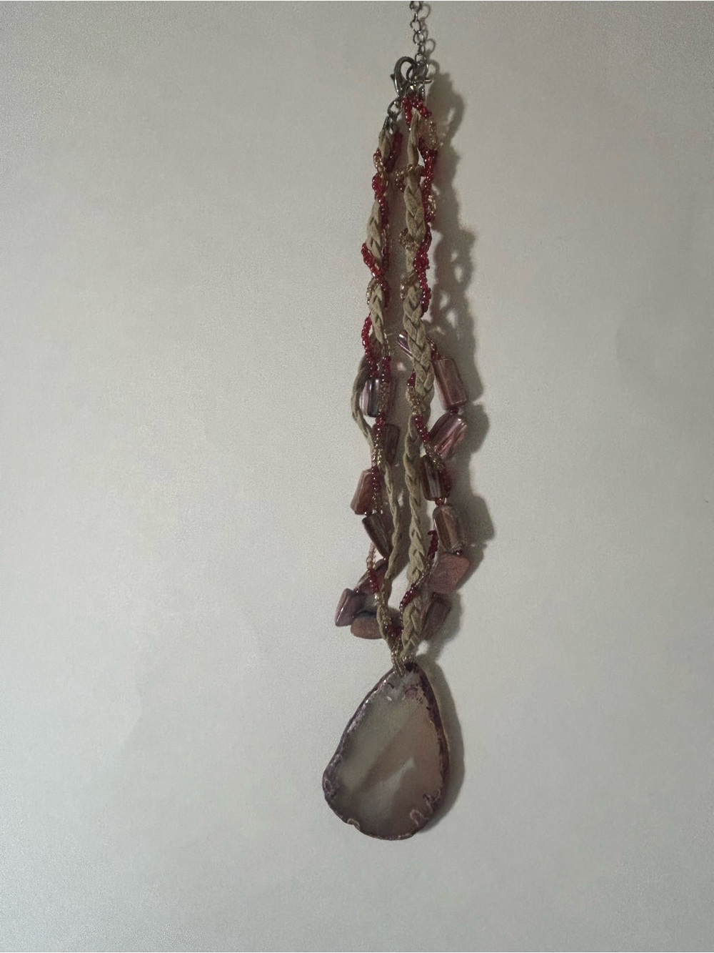 Vintage Boho Braided Leather Natural Agate Slice Pendant Necklace